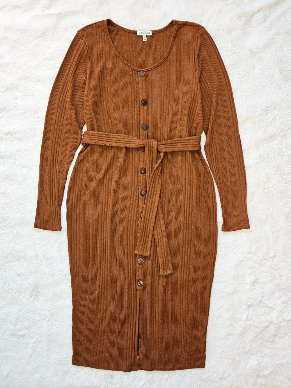 Curvy Sense Plus Size 2X Long-sleeve Button-front Ribbed Midi Dress Rust Brown